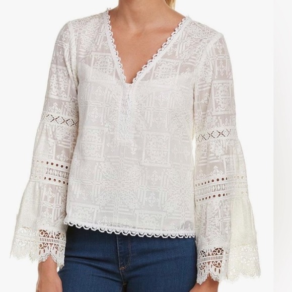 Nanette Lepore Tops - Nanette Lepore White Lace Bell Sleeve V Neck Button Up Blouse Top‎ Size 4